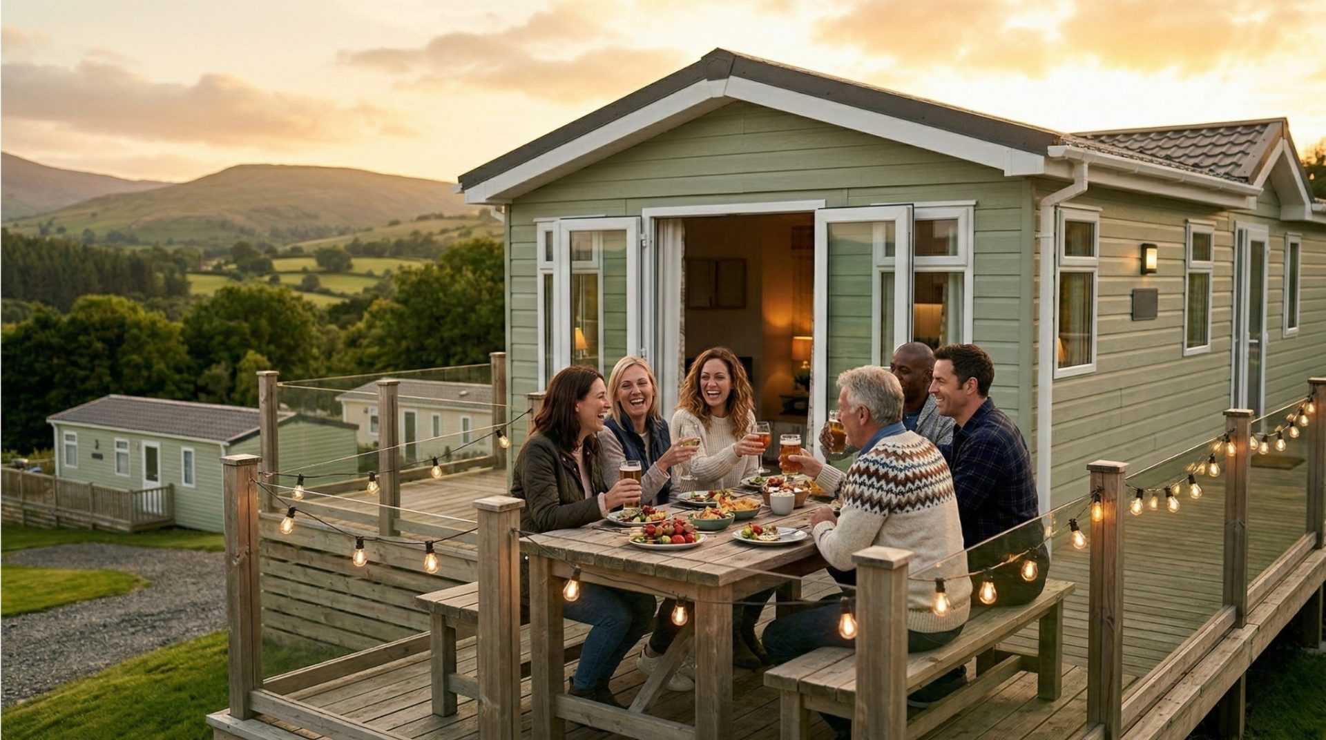 Family dining outdoors on the decking of a green static caravan at Ty Craig, festoon lights and hills behind