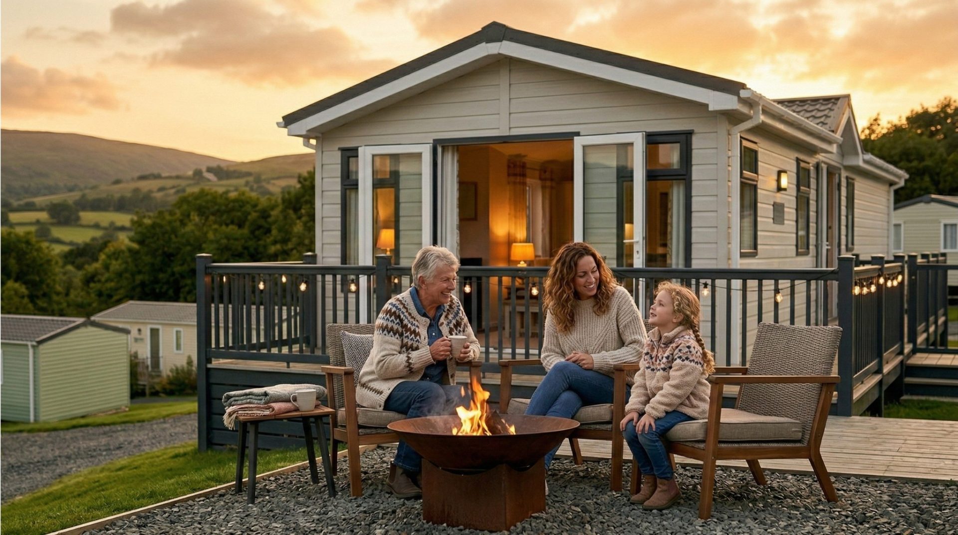 Three generations of a family gathered around a fire pit on the decking of a holiday home at Ty Craig at sunset