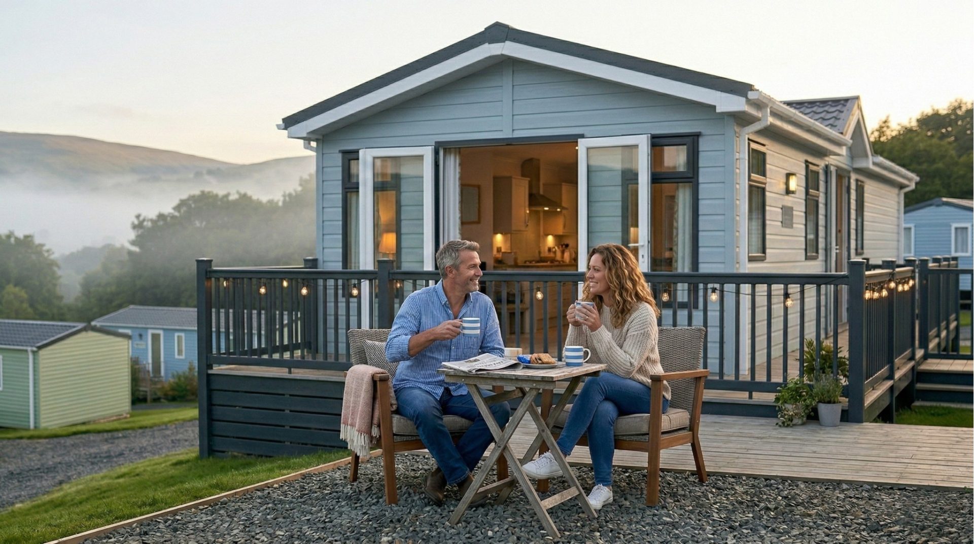Couple enjoying morning coffee outside a blue-grey holiday home on a misty morning at Ty Craig